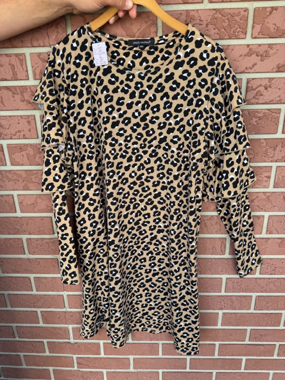 Simply Southern Tan and Black Leopard Ruffle Sleeve Midi Dress